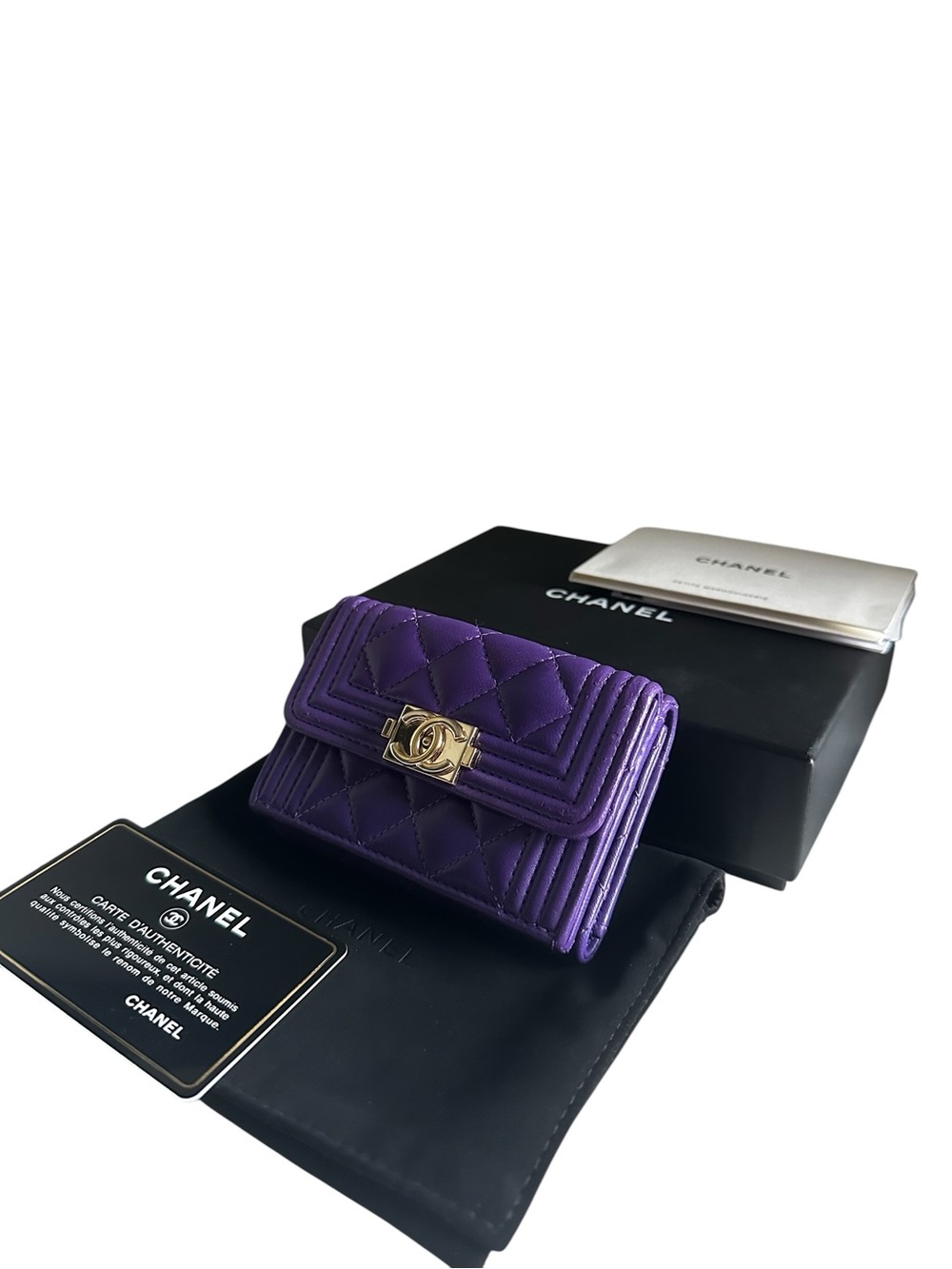 CHANEL Boy Purple Lambskin Quilted Flap Wallet Card Holder Full Set - Picture 2 of 16